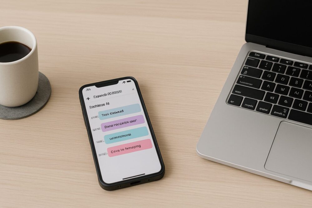 共有カレンダーアプリが表示されたスマートフォンとノートパソコン、コーヒーカップが並ぶ木製デスクの上のワークスペース