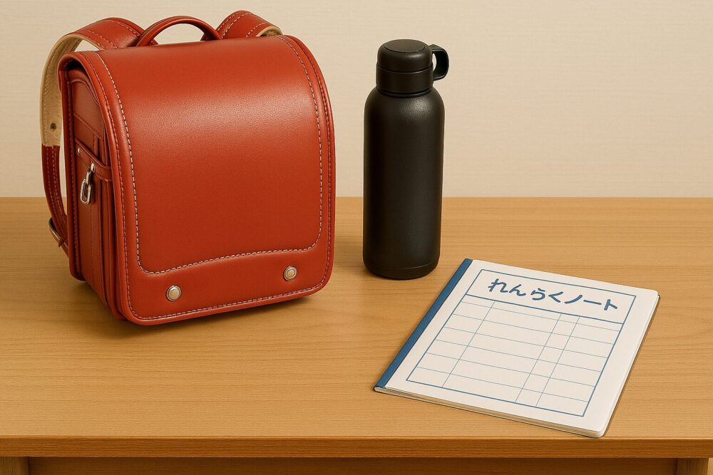 登校準備のために並べられたランドセル、水筒、連絡ノート