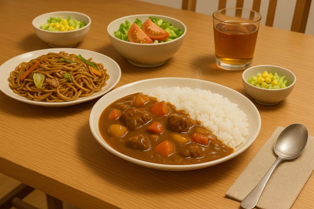 家庭の食卓に並んだカレーライス、焼きそば、サラダ