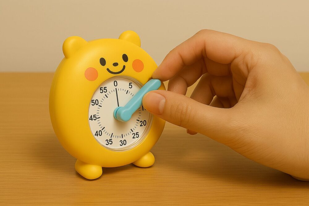 カラフルな子ども用キッチンタイマーが机の上に置かれている様子