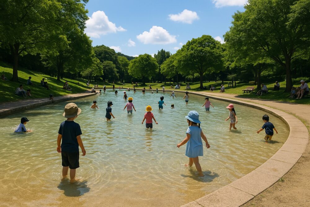 水遊びスポットの風景。浅めの水場で子どもたちが楽しそうに遊び、緑に囲まれた開放的な空間が広がっている