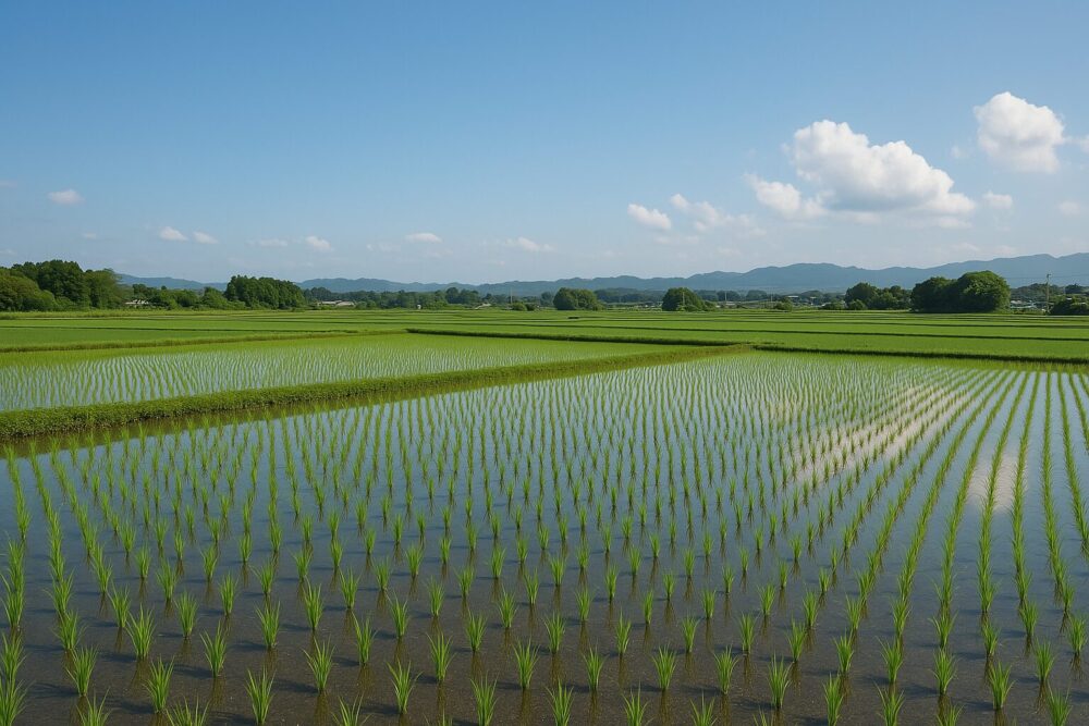静かで青々とした稲が広がる田んぼの風景