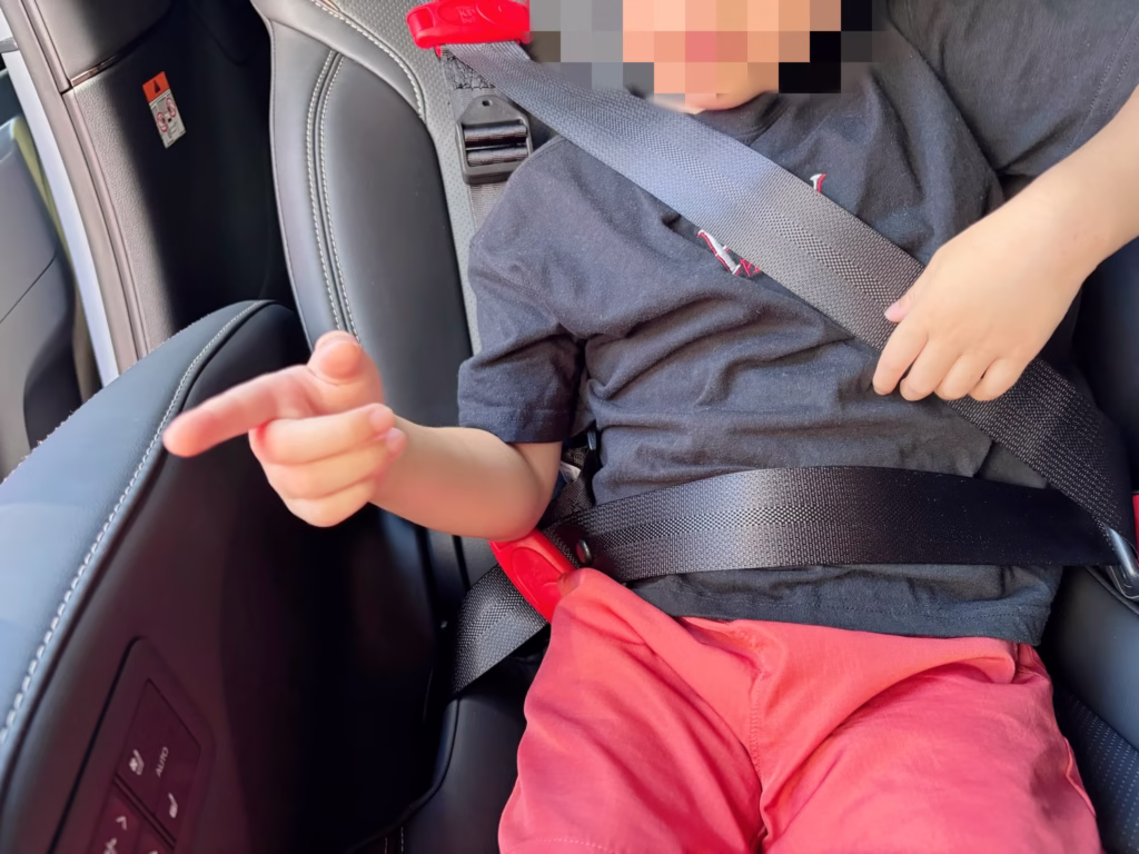 車内でスマートキッズベルトを装着している男の子