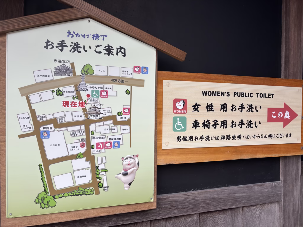 おかげ横丁のお手洗いご案内と記載された案内図