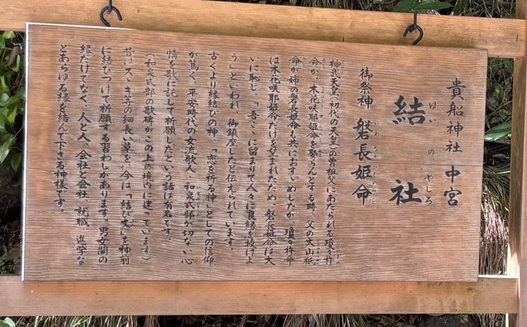 貴船神社 結社にある磐長姫命（いわながひめのみこと）について説明する木の案内板
