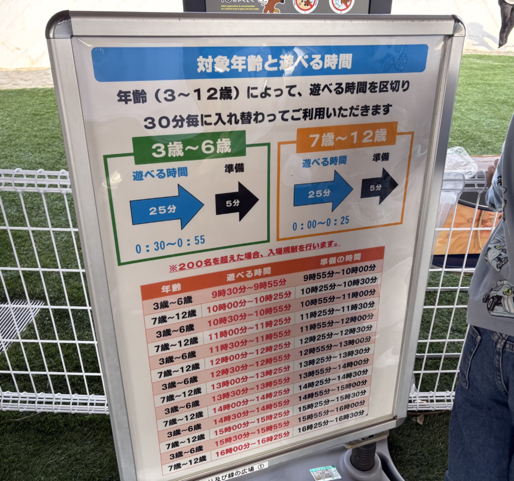 京都競馬場のふわふわドームの退場年齢と遊べる時間の案内板。